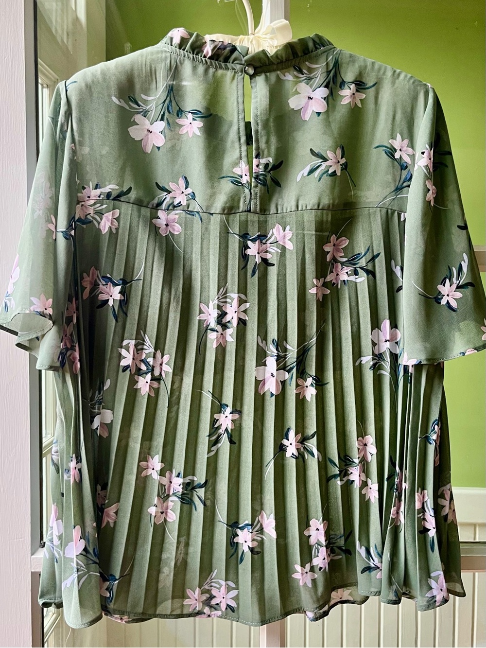 Love & Piece Sweet Olive Green Floral Pleated Ruffle Blouse with Flutter Sleeves - Picture 2 of 10